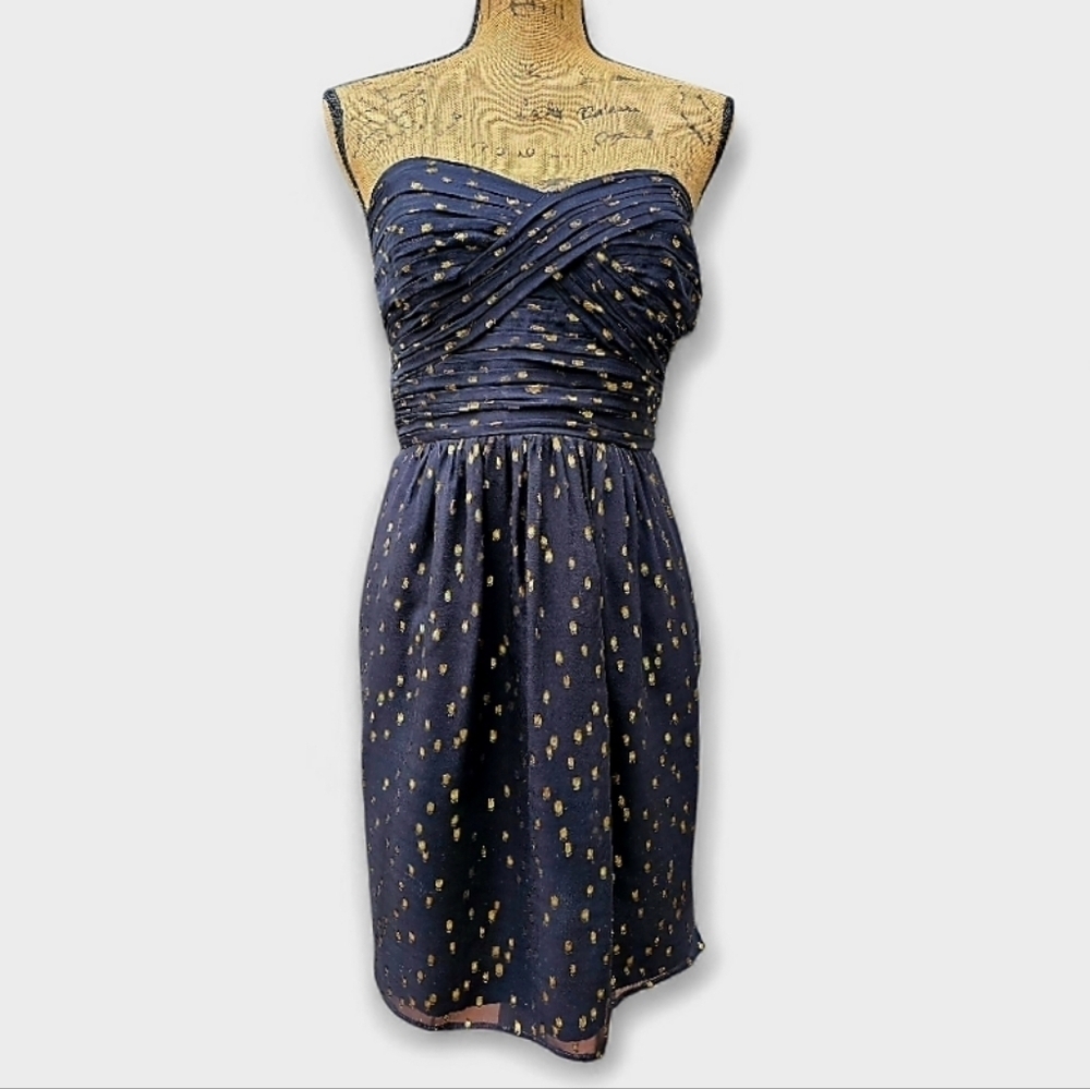 Shoshanna Strapless Black Gold Lurex Dot Dress, Size 6